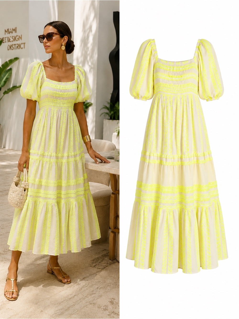 Sofia Made in Italy Neon Embroidered Smocked Puff Sleeve Resort Midi Dress Sz OS